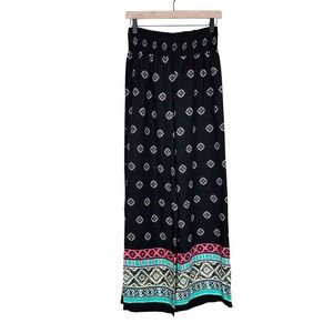 Joe B Joe Benbasset Black Boho Print Smocked Waist Wide Leg Palazzo Pants Large